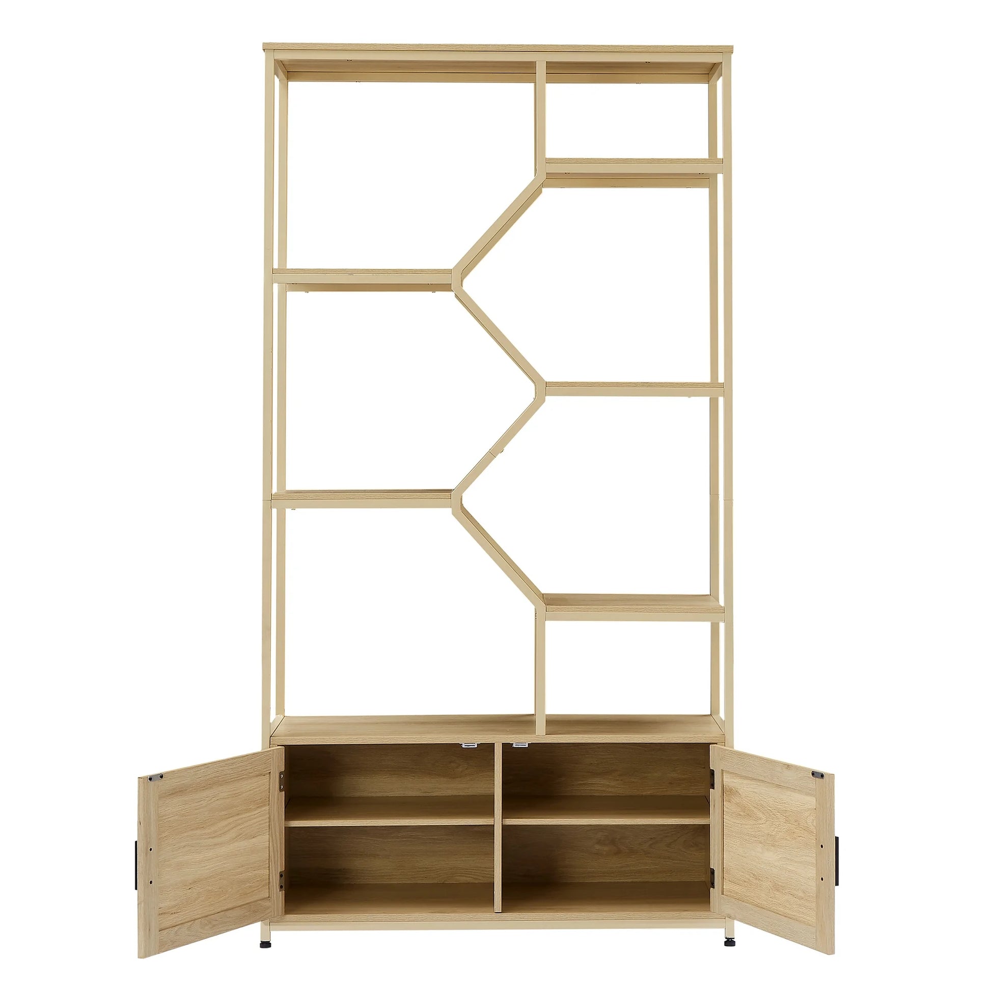 7-Tier Rattan Bookshelf with Cabinet – Natural Wood Display Shelf for Living Room or Office