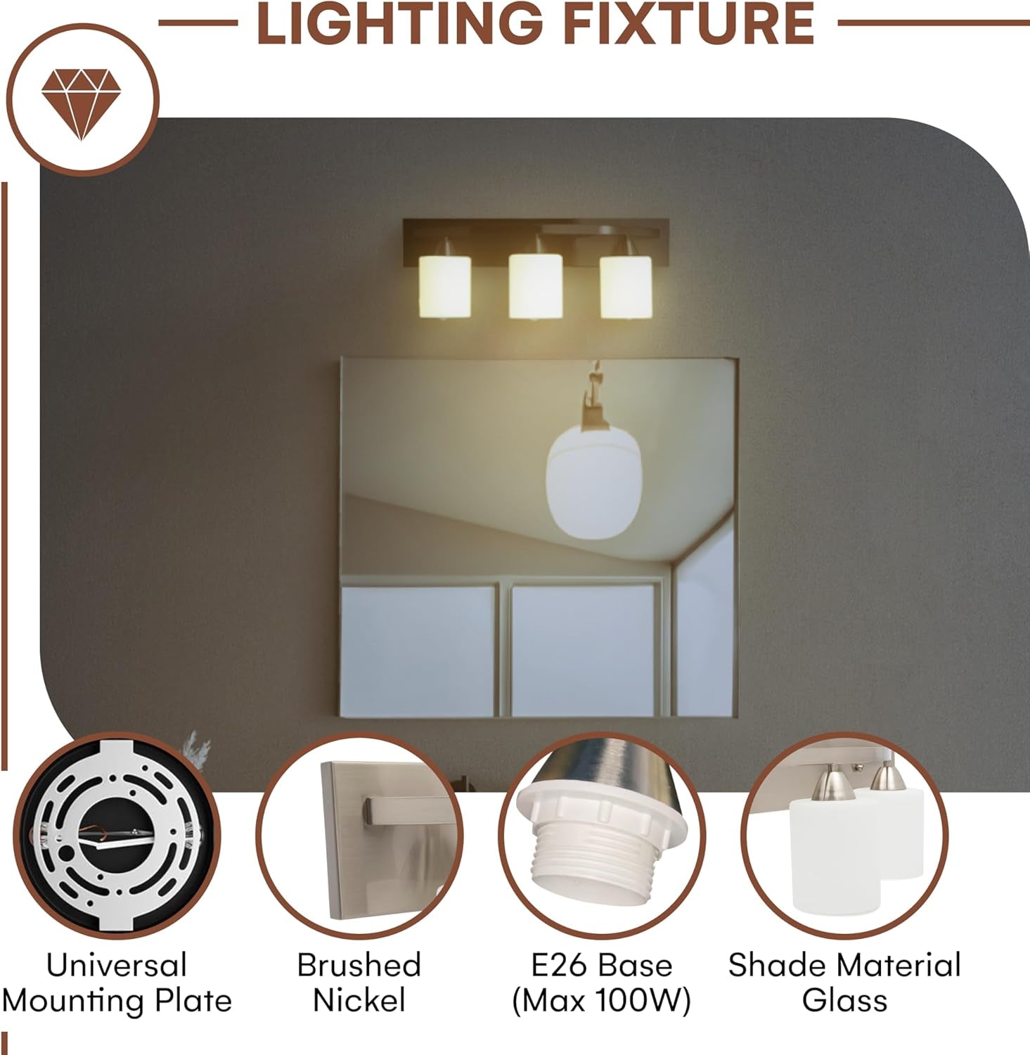Vanity Light Fixture - Interior Bathroom Lighting Bar with Modern Milk Glass Shade - Bathroom Lights over Mirror Fixture for Powder Room - Brushed Nickel, 3 Lights, E26, Bulbs Not Included
