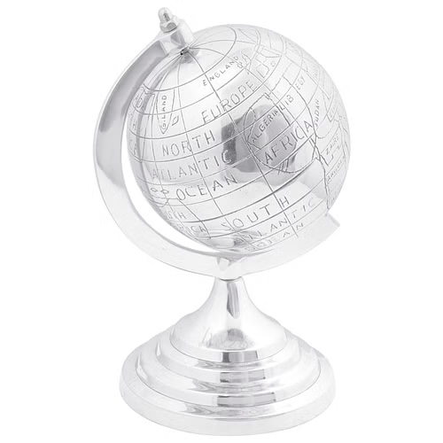 Modern Aluminum Decorative Globe – 6.7" × 11" (Silver)
