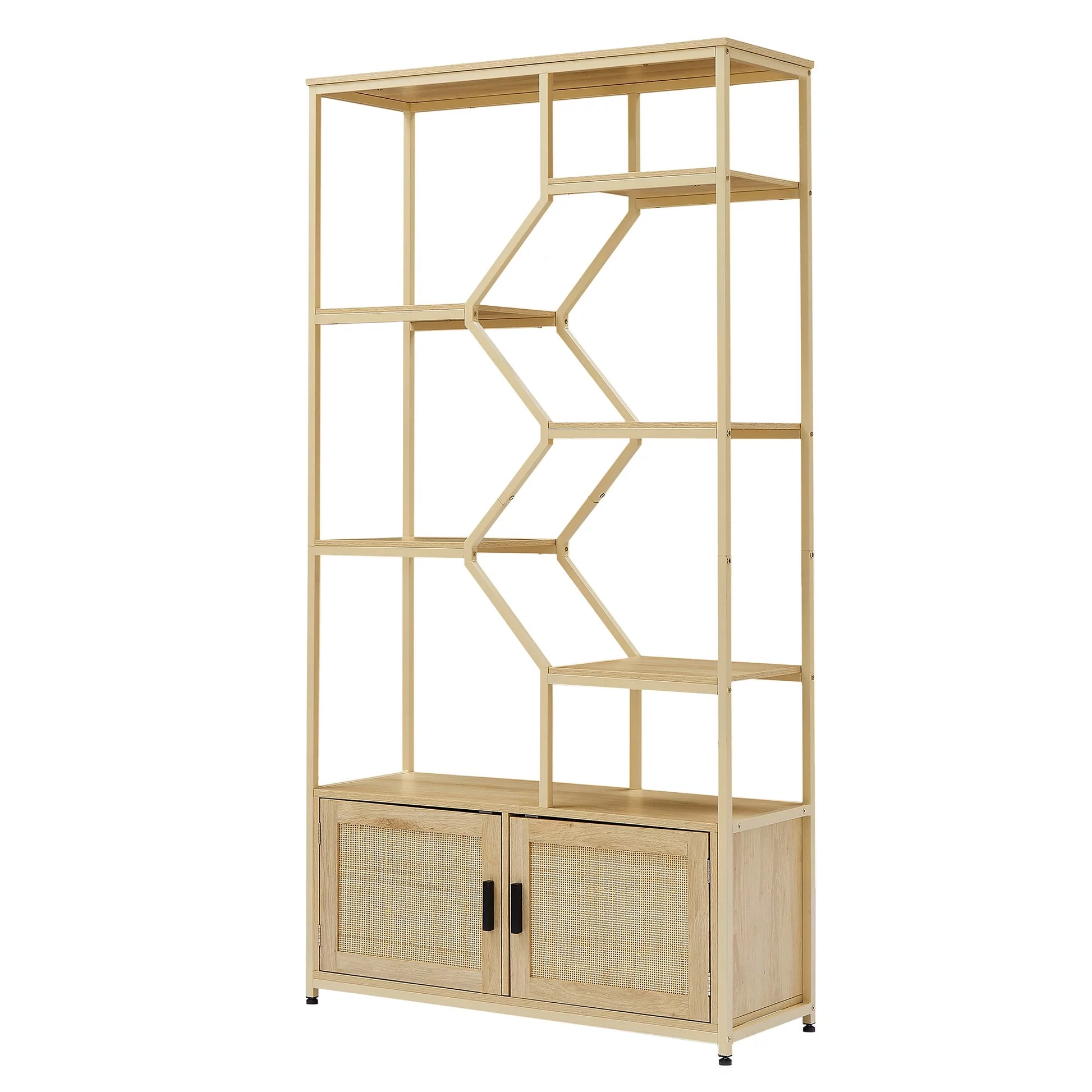 7-Tier Rattan Bookshelf with Cabinet – Natural Wood Display Shelf for Living Room or Office