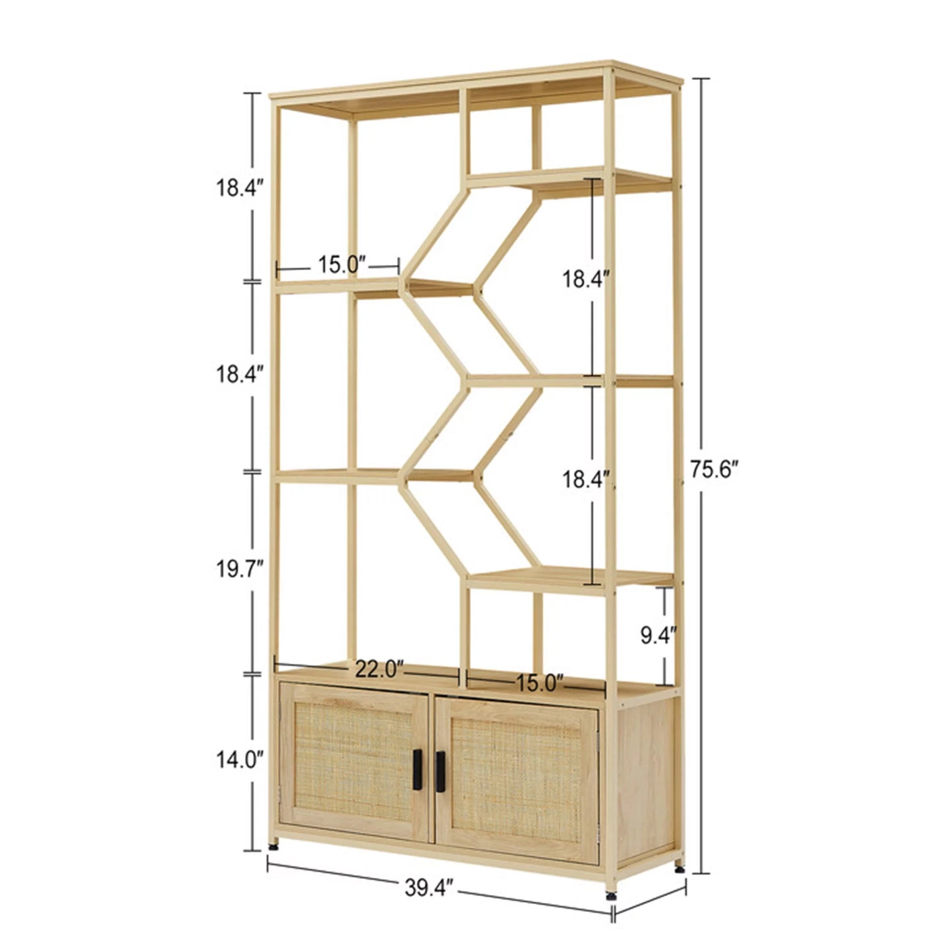 7-Tier Rattan Bookshelf with Cabinet – Natural Wood Display Shelf for Living Room or Office