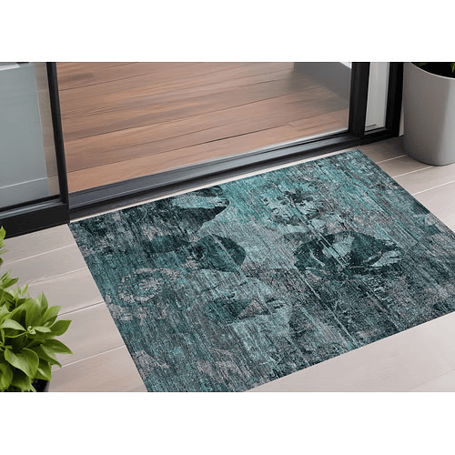 3'x5' Floral Indoor/Outdoor Rug – Teal & Gray