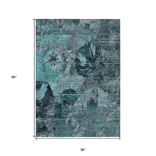 3'x5' Floral Indoor/Outdoor Rug – Teal & Gray