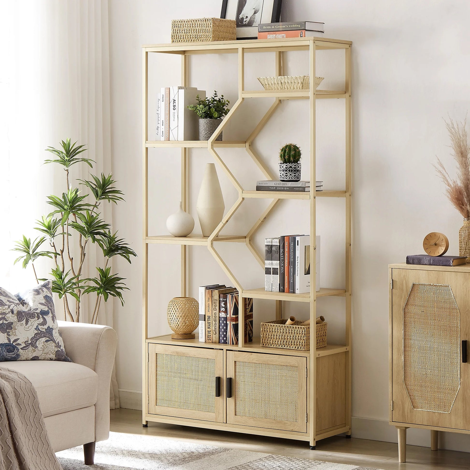 7-Tier Rattan Bookshelf with Cabinet – Natural Wood Display Shelf for Living Room or Office