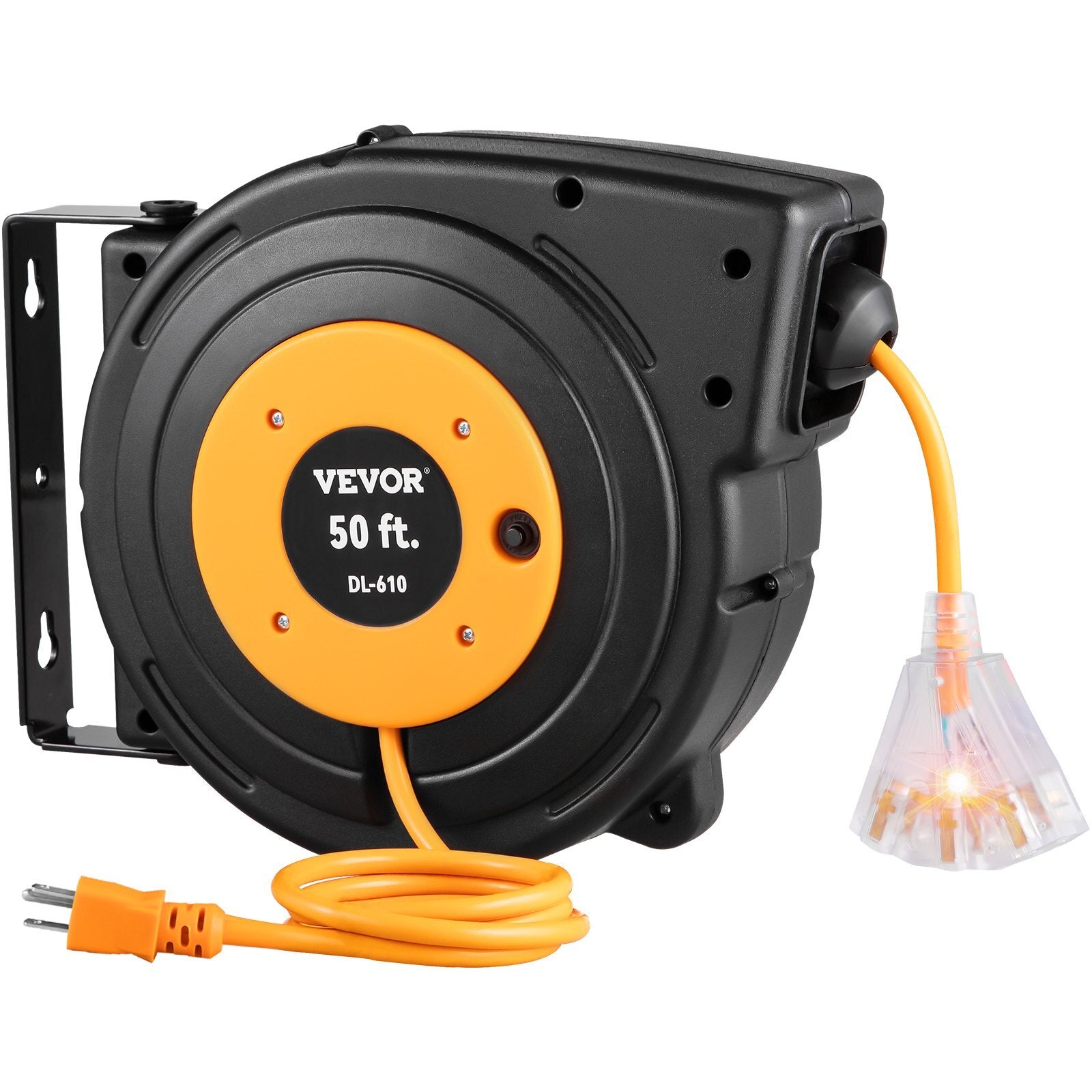 VEVOR 50ft Retractable Extension Cord Reel – 14AWG/3C SJTOW