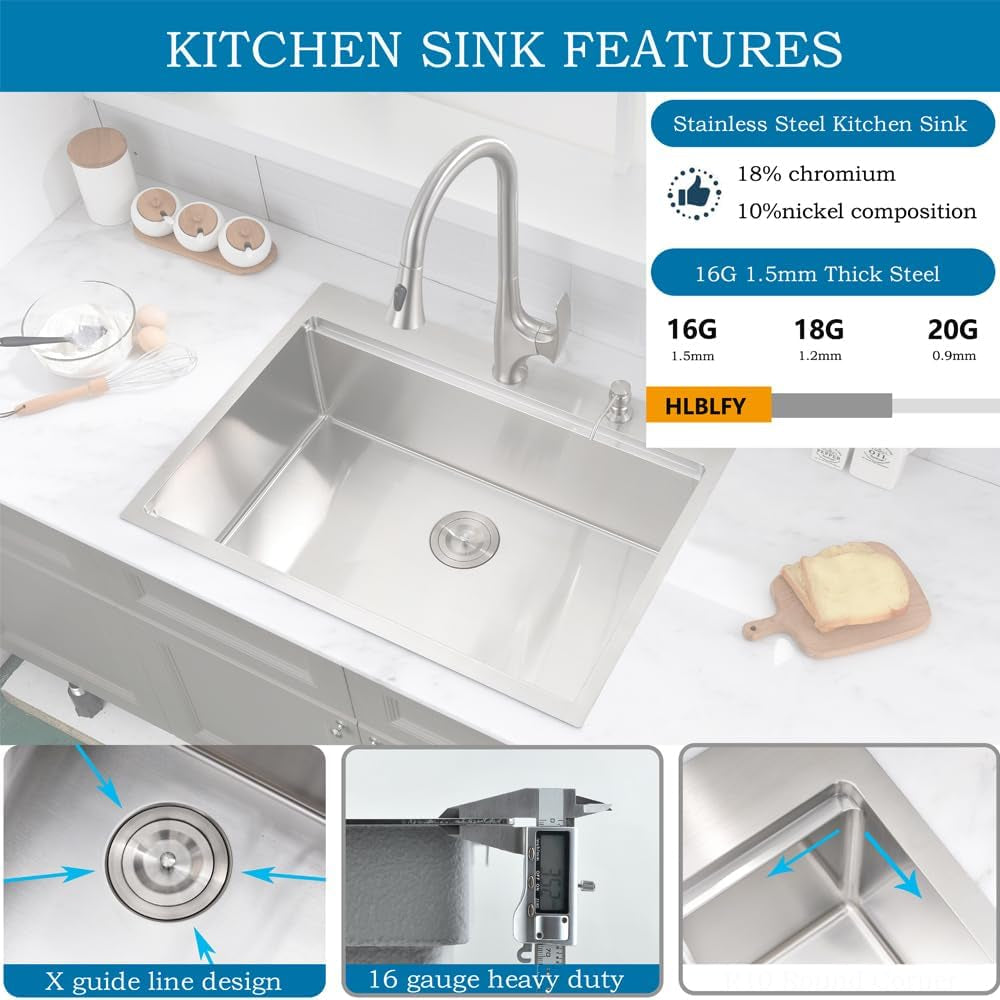 33 Inch Drop in Kitchen Sink Workstation -  33X22 Inch Topmount Single Bowl Workstation 16 Gauge Stainless Steel Drop-In Sinks,Round Corner Basin for Kitchen with Accessories