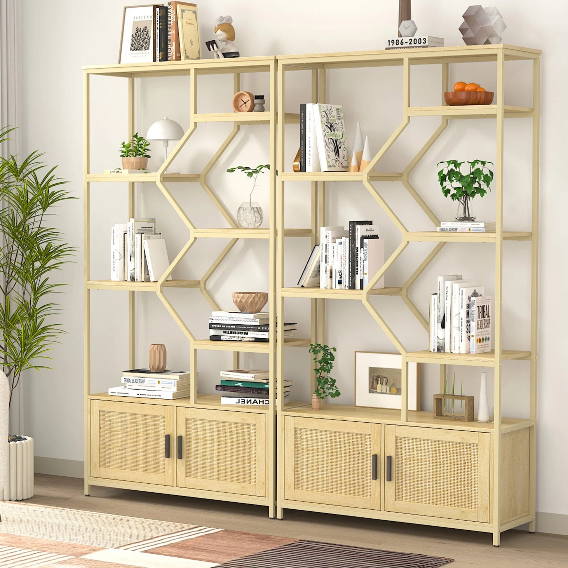 7-Tier Rattan Bookshelf with Cabinet – Natural Wood Display Shelf for Living Room or Office