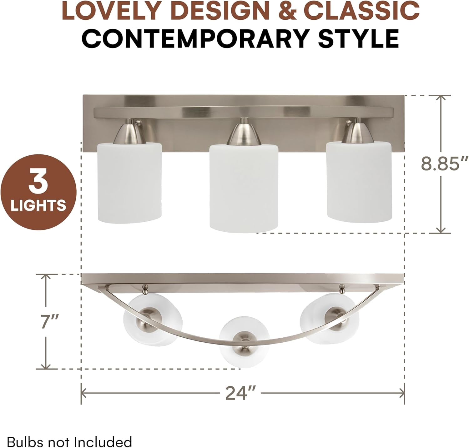 Vanity Light Fixture - Interior Bathroom Lighting Bar with Modern Milk Glass Shade - Bathroom Lights over Mirror Fixture for Powder Room - Brushed Nickel, 3 Lights, E26, Bulbs Not Included