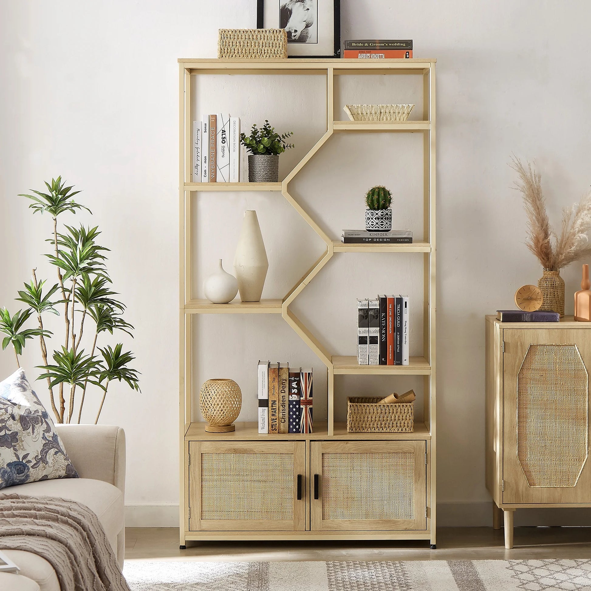 7-Tier Rattan Bookshelf with Cabinet – Natural Wood Display Shelf for Living Room or Office